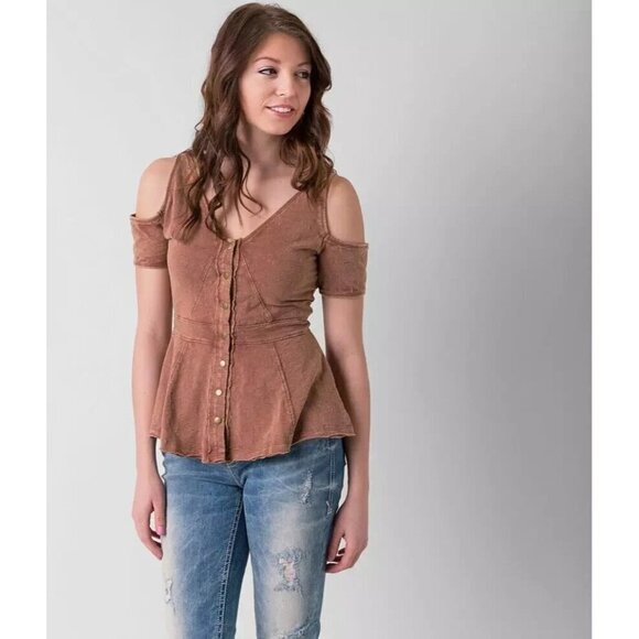 Free People Cold Shoulder Shirt Snap Button Tobacco Brown Boho Size Small Cotton - Picture 1 of 12